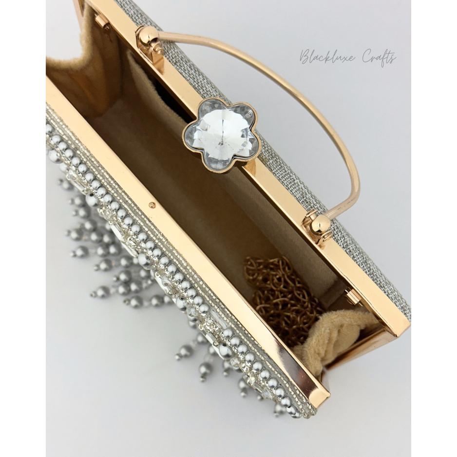 Luxury Silver Beaded Clutch Bag with Crystal Embellishments and Pearl Fringe – Elegant Evening Purse for Women (BLACKLUXE CRAFTS)