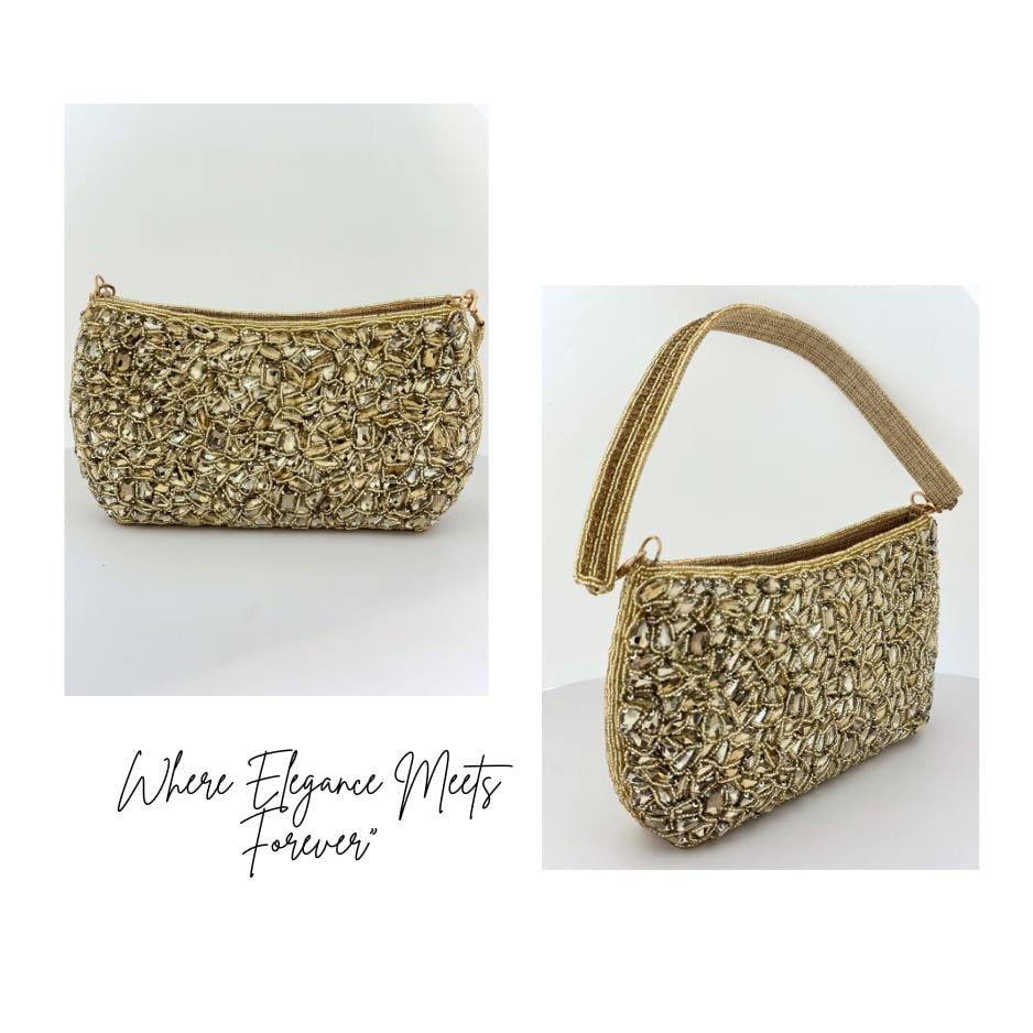 Luxury Gold Beaded Handbag with Crystal Embellishments – Elegant Handmade Evening Purse for Weddings, Parties & Special Occasions (BLACKLUXE CRAFTS)