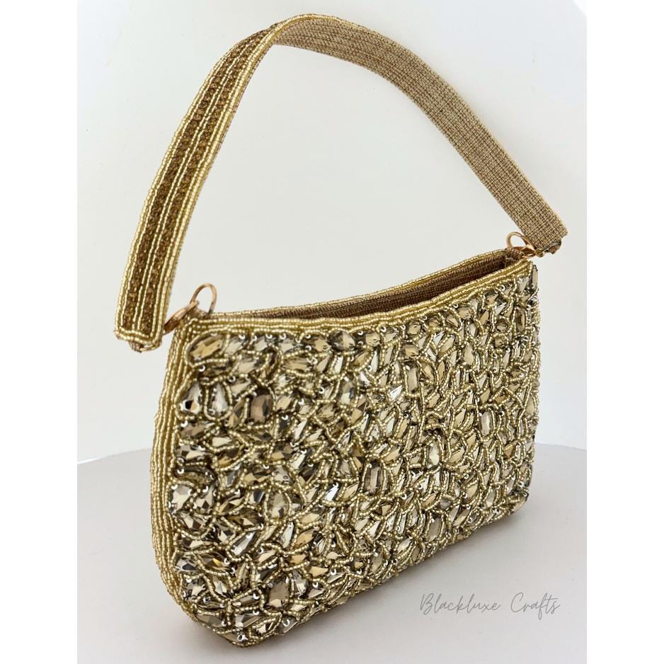 Luxury Gold Beaded Handbag with Crystal Embellishments – Elegant Handmade Evening Purse for Weddings, Parties & Special Occasions (BLACKLUXE CRAFTS)