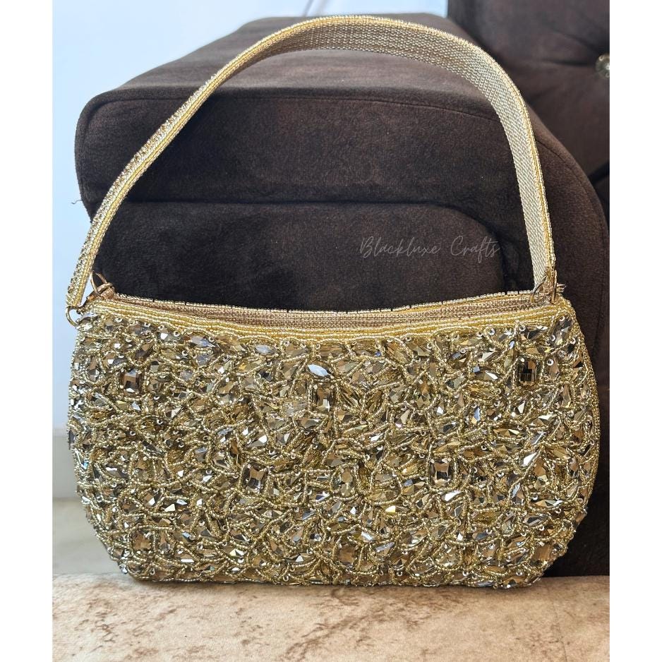 Luxury Gold Beaded Handbag with Crystal Embellishments – Elegant Handmade Evening Purse for Weddings, Parties & Special Occasions (BLACKLUXE CRAFTS)