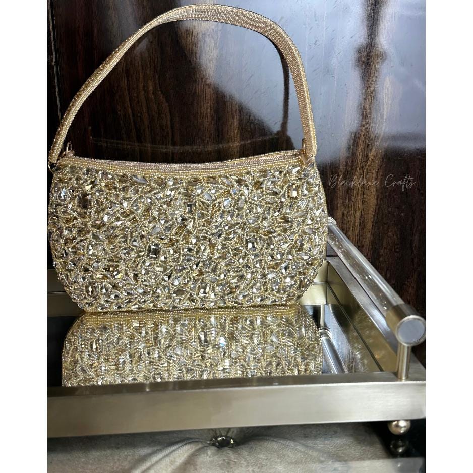 Luxury Gold Beaded Handbag with Crystal Embellishments – Elegant Handmade Evening Purse for Weddings, Parties & Special Occasions (BLACKLUXE CRAFTS)
